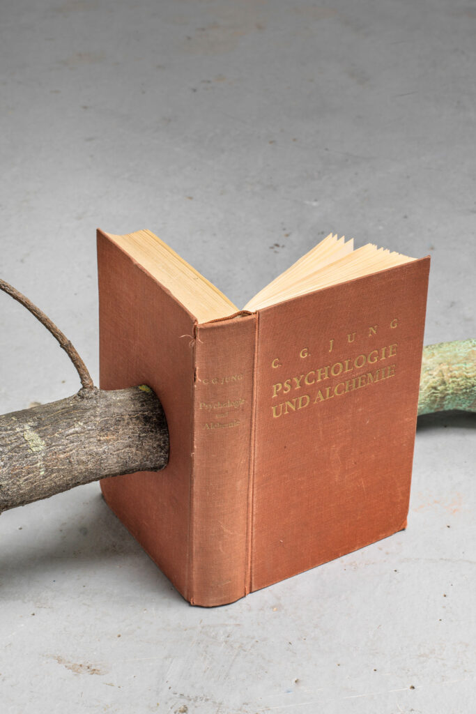 Alicja Kwade Chemische Erinnerungen (Alchemie und Psychologie), 2014 wood, bronze copper-coated, book (C.G. Jung, Alchemie and Psychologie) 55 x 135 x 60 cm
